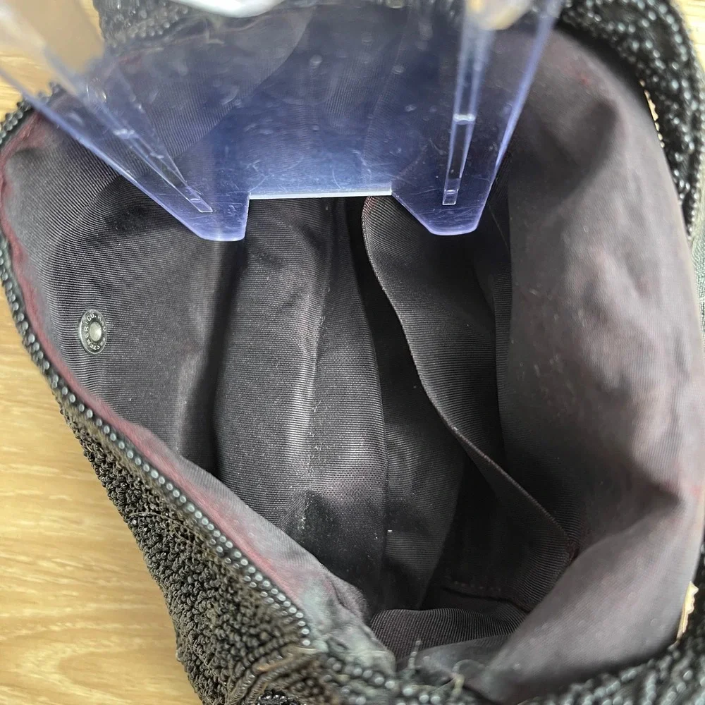 Vintage Black Beaded Evening Bag Rhinestone Floral Bow Handle Handbag 1950s